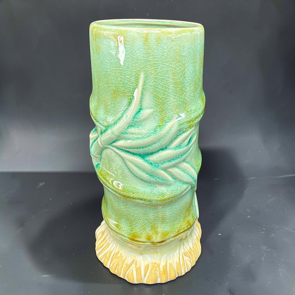 Green Bamboo Crackle Glaze Majolica Style Ceramic Vase 8.5" Tropical Tiki Decor